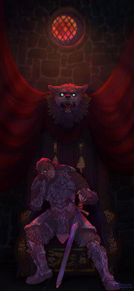 A man with pale skin and brown hair rests lazily on a wooden throne. Above is a taxidermied beast-wolf head with reflecting eyes, under a circular window showing a full blood moon.