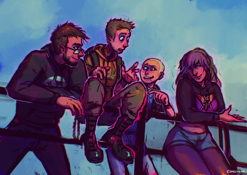 An illustration of Simon, Garth, Tabbie and Astrid. They all have pale skin and are perched either on or against sea wall railings. Simon is leaning forwards over the rail, he has wavy brown hair, short on the sides with a beard and glasses. He wears a bla