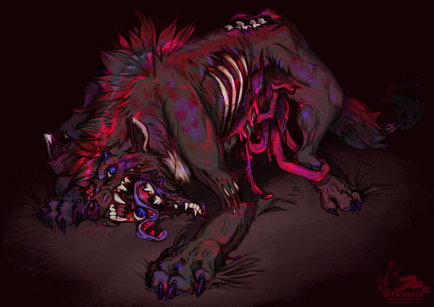 A furry creature zombified, sliming his way across the floor with a broken face and pretty much everything else too. He has black fur with red spots and blue highlights. His ribs are exposed and his guts splay behind him.