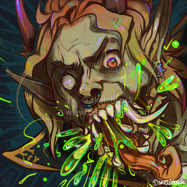 A humanoid elf roach hybrid with greenish skin and red toned roots. He has huge fangs, and mandibles. One of his eyes is blinded white with a scar. He hisses at the viewer, with green slime.