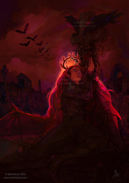 A male, winged vampire with light skin and hip-length auburn hair leans against a thorn covered cross, adorning a raised burial vault. On top of the cross perch two ravens, one calling out, and the other looking at Gwyar. A pair of pronged antlers crown th