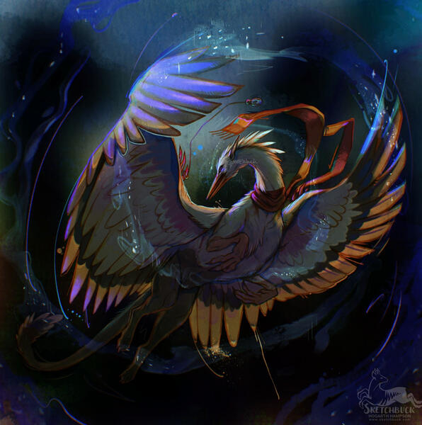 A white stork gryphon rears up against a stormy sky, with their wings spread around them, stirring up a magical snow spell.