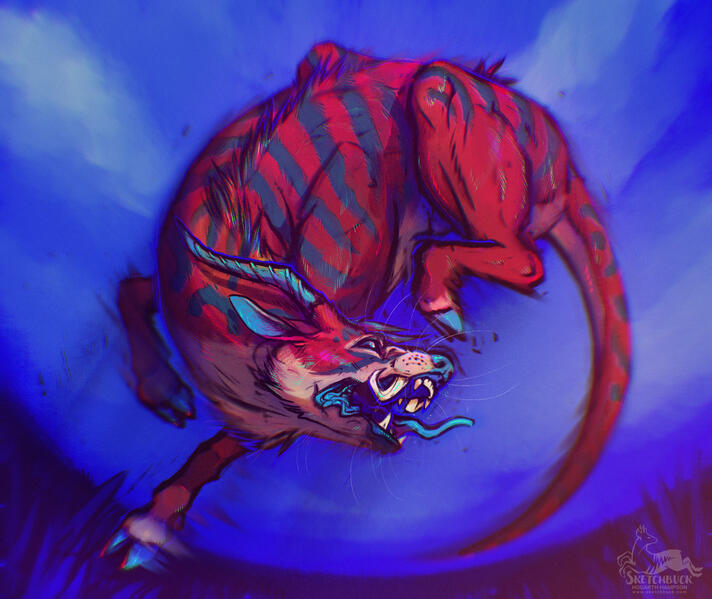 A red and cream antelope hybrid with teal stripes. They contort, mid-leap towards the viewer in a feral bucking pose. Hint of grass in a fish-eye lens view, worms eye view, blue clouded sky behind.