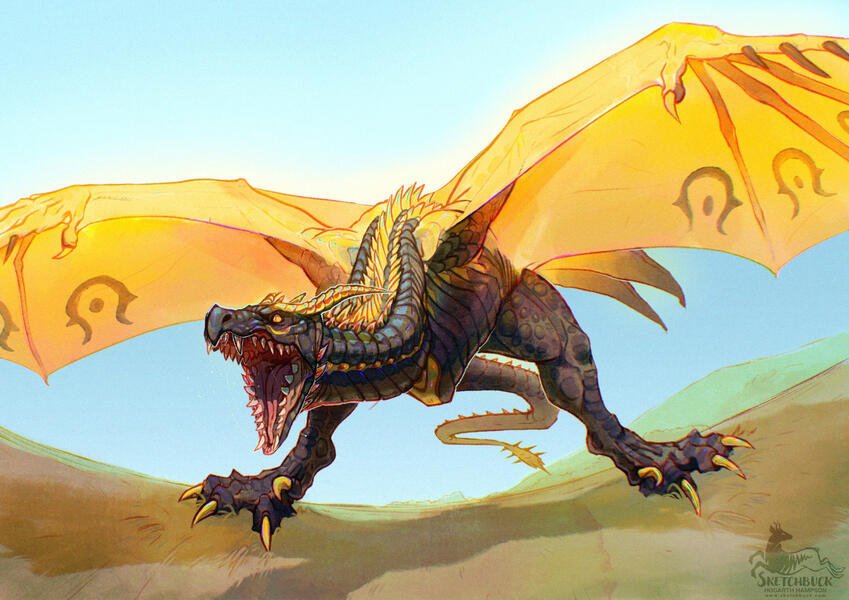 A black wyvern dragon with golden detailing and wings. She bows her head and raises her wings in an aggressive pose and snarls with an open mouth. Misty sky, parched grass background with hints of hills.