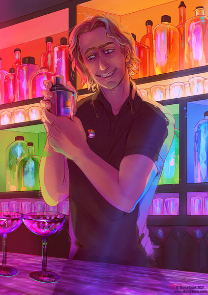 An illustration of a man with pale skin and medium length, wavy blond hair mixing a cocktail. Behind is an assortment of lit cabinets in rainbow colours, lighting up bottles.