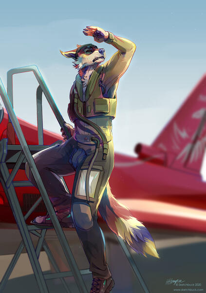 An anthro canine with red, white and blue fur shields his eyes against the bright midday sun. He ascends jet plane stepladders onto a red jet.