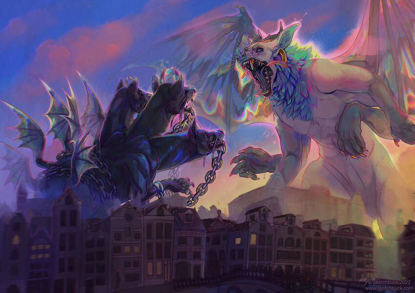 An illustration of a 'Kaiju' scene set in Amsterdam. A gigantic white furred creature roars and spreads their holographic wings against a sunsetting sky. Facing away from the viewer is their target, a cerberus-like monster.