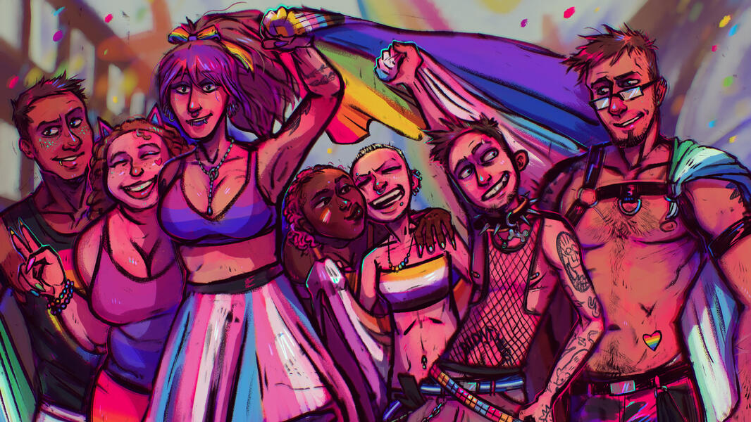 An illustration of a group of Sketchbuck's OCs. From left to right - Felix (he), Andy (she), Astrid (she), Licia (she), Tabbie (she/they), Garth (he) & Simon (he) at a Pride parade. Each character's outfits reflect their expressions. There are lots of diff