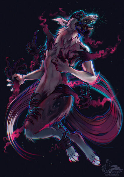An anthro borzoi floating in an ethereal, dark, space, being grabbed at by ghostly dark hands.