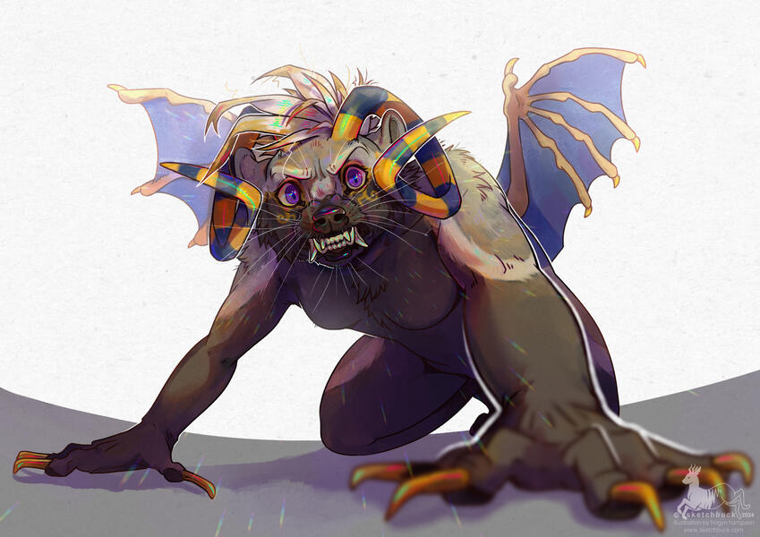 An anthro american badger with an ancient Egyptian styling crouches, snarling at the viewer.