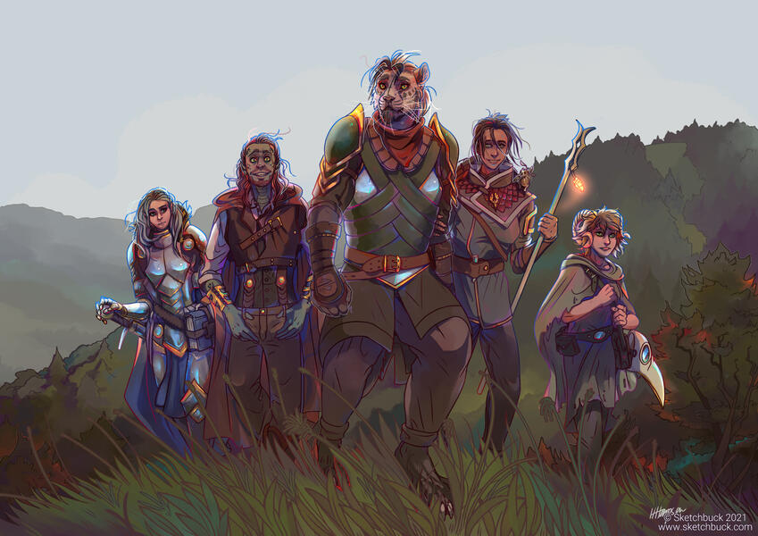 A party of D&Ders striding towards the viewer. There are 5 characters, mainly humanoid in form with the middle character being an anthro white tiger.