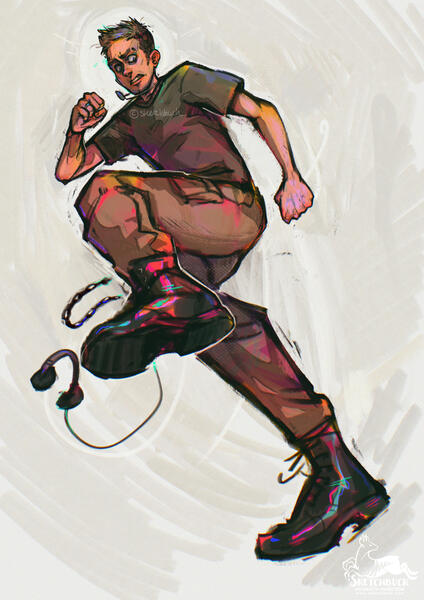 An illustration of Hoggy, leaping up and away from the viewer's worm eye view. Hoggy is masculine presenting with pale skin, and dirty blonde hair styled into a messy quiff. He has his hands clenched into fists but a has an uncertain expression on his face