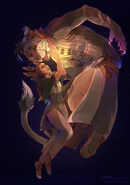 A digital illustration of a human and an anthro white tiger. They are floating in a magical scene, with the human woman's hand resting on the tiger's leather armoured chest. A ethereal glow of light emits from the point of contact.