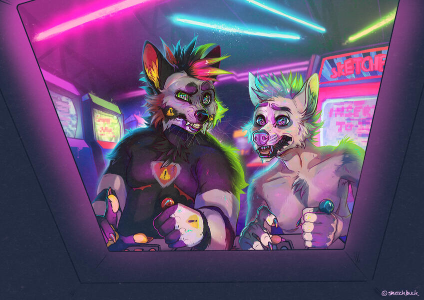 An illustration of two anthro canines gaming at an arcade machine. The view is from inside the machine with both characters concentrating on the screen. Bright neon lights behind them
