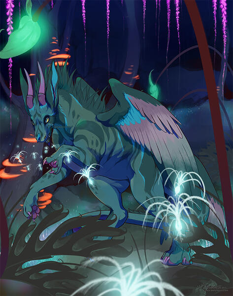 A furred, dragon-type character with feathery wings bounds through an alien forest, lit with bioluminescent foliage and funga.