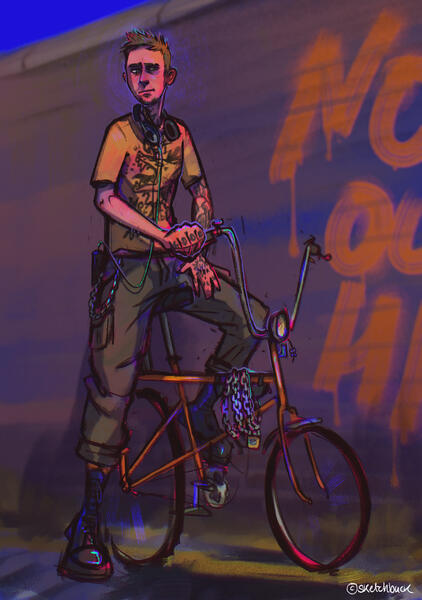 An illustration of Garth on his vintage Raleigh Chopper pushbike. Garth has pale skin and scruffy blonde hair styled into a messy quiff. He's wearing a mustard T-shirt with a snarling wolf design, tan cargos, and black combat boots. He straddles the orange