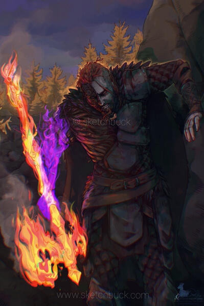 Digital illustration of a humanoid character bracing against a cliff face. He wears a combination of quilted leather and rock-like plate armour. The right part of his chest is made from twisted bark and vine. His right arm is made of purple flame, whilst h